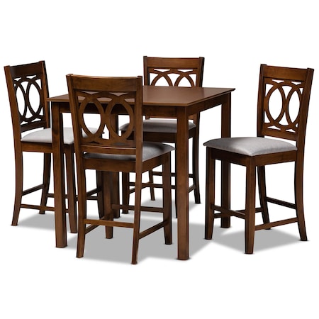 Baxton Studio Lenoir Grey Upholstered Walnut Brown Finished 5-Piece Wood Pub Set 168-9884-10903